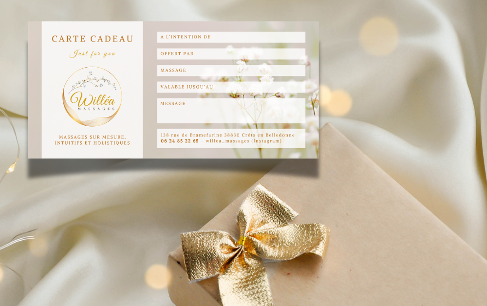 carte cadeau avec paquet cadeau Bon cadeau Willéa Massages pour Noël, Saint Valentin, Anniversaire.
